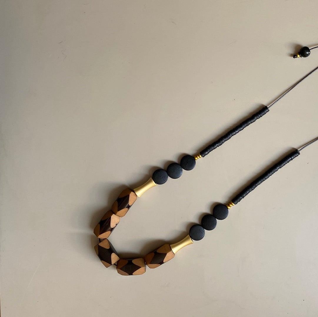 MRL02 - Adjustable cord necklace with Clay, acrylic, wood and gold plated detail