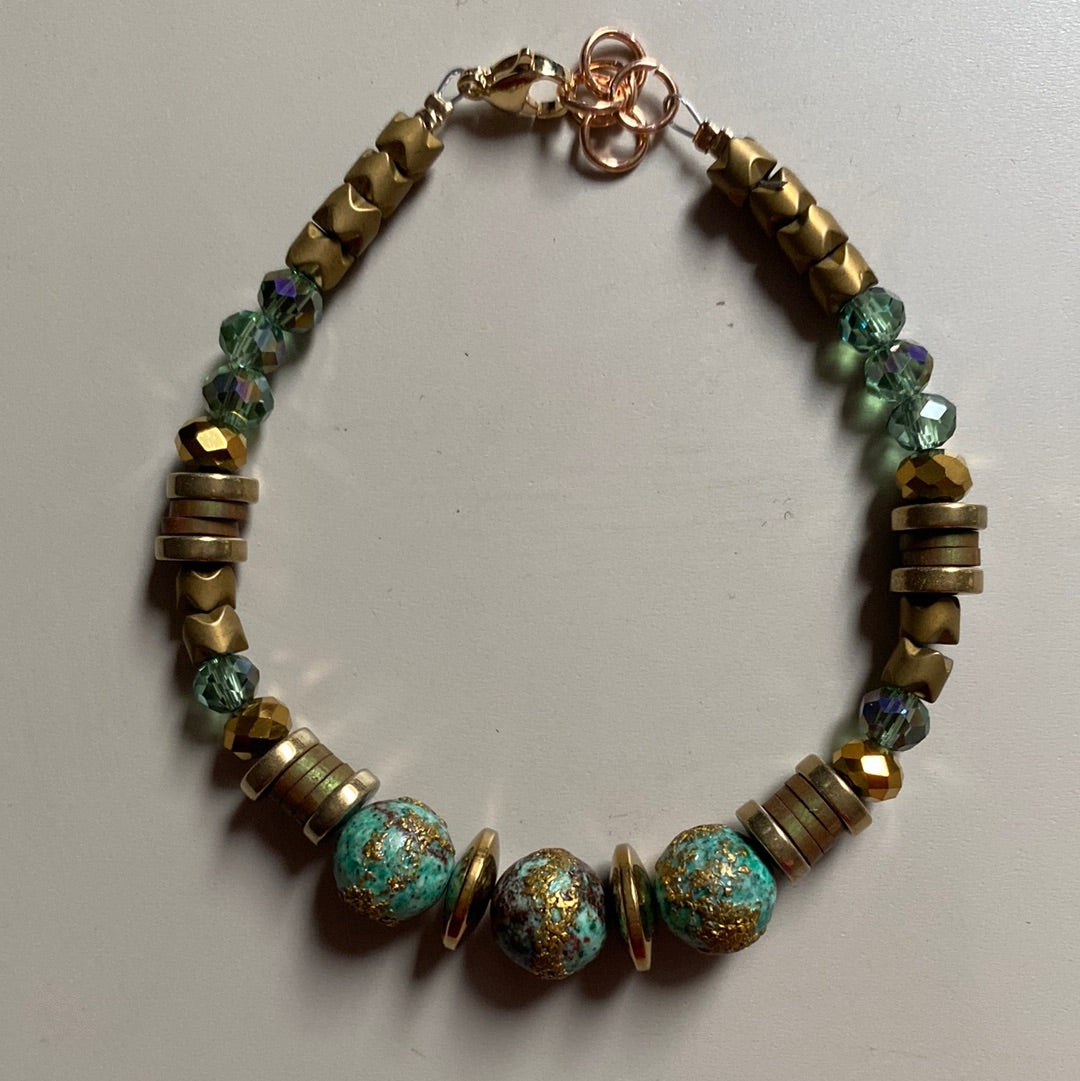 MRLB13 - Natural Chrysocolla, 24k gold plated brass, Gold plated Hematite, Clay, Glass