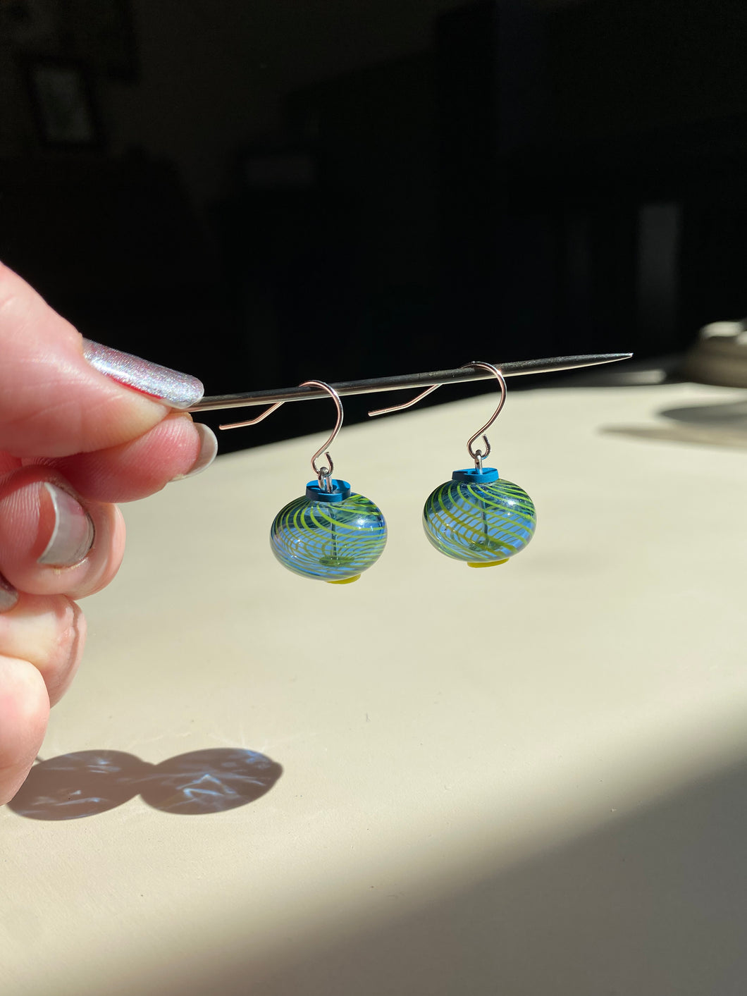 Vintage swirl glass earrings - Blue & Yellow green