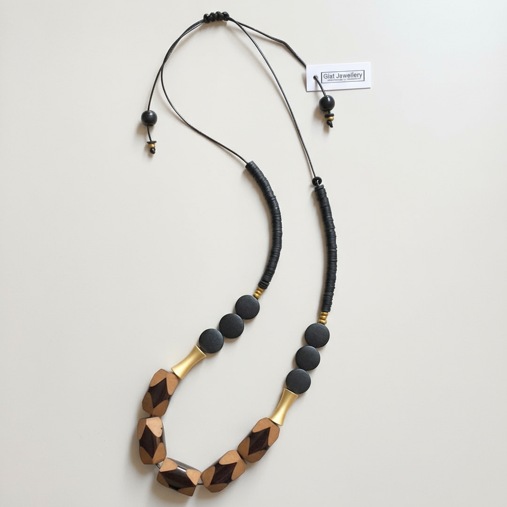 MRL02 - Adjustable cord necklace with Clay, acrylic, wood and gold plated detail