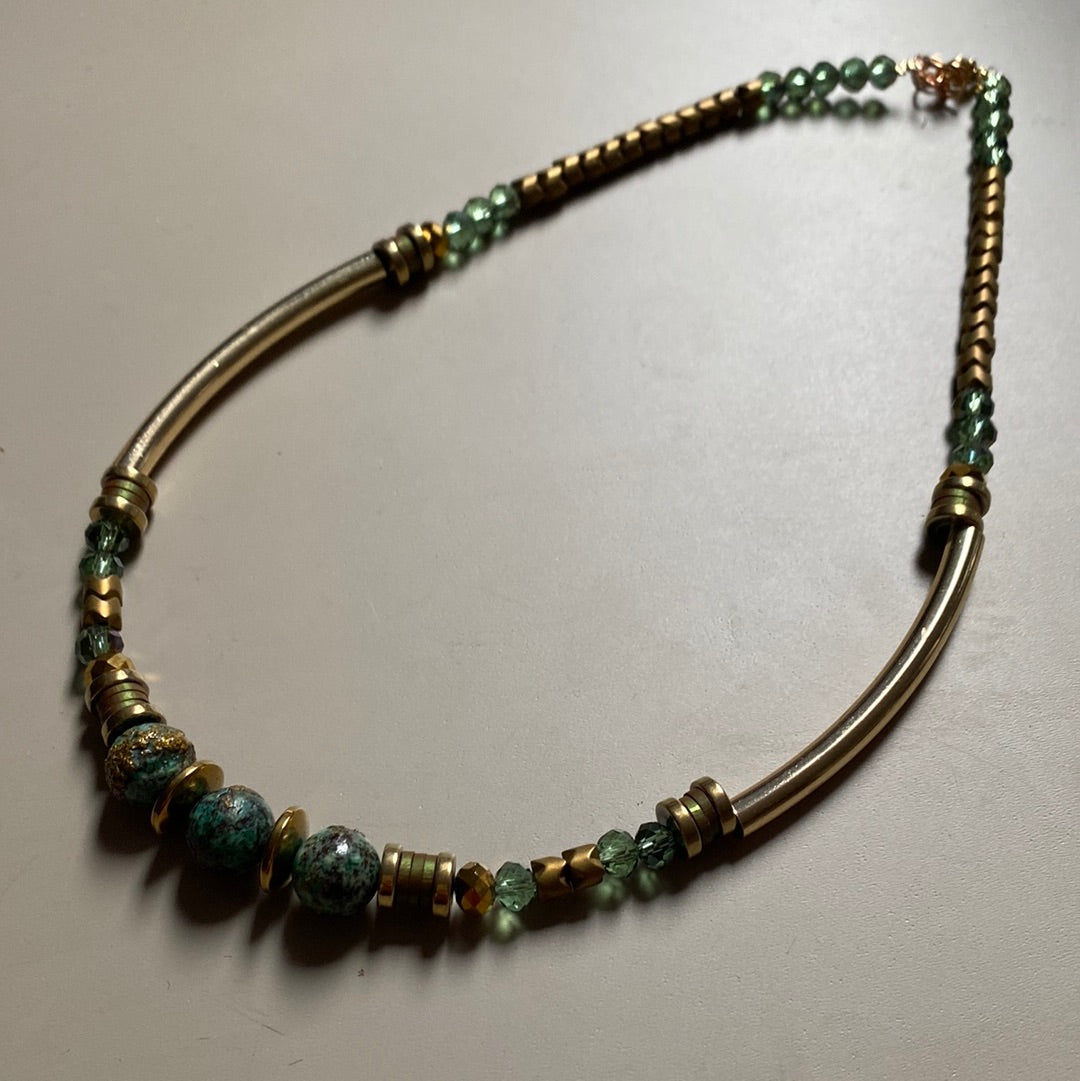 MRL16 - Natural Chrysocolla, 24k gold plated brass, Gold plated Hematite, Clay, Glass