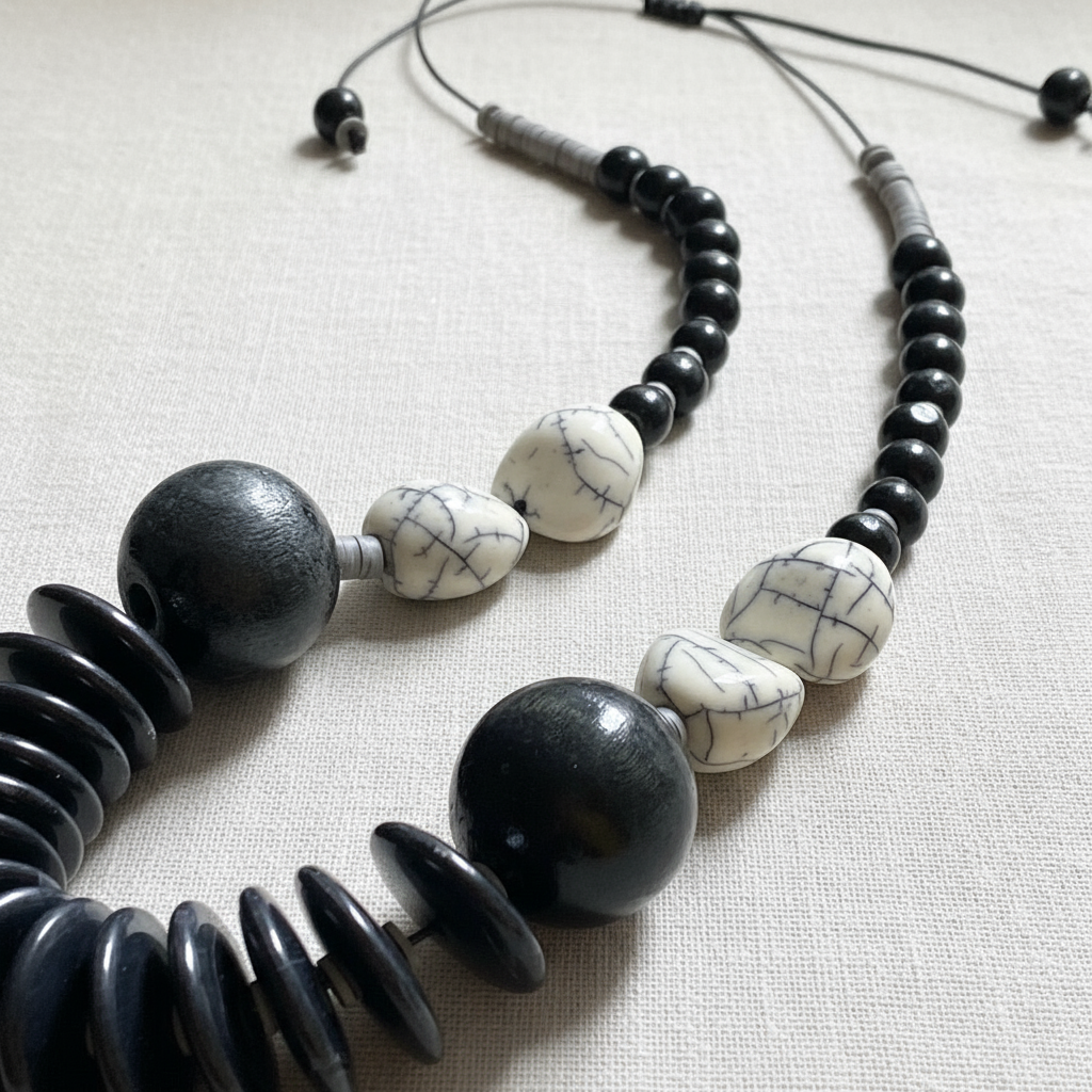 MRL04 - Lightweight adjustable necklace, acrylic, wood and clay