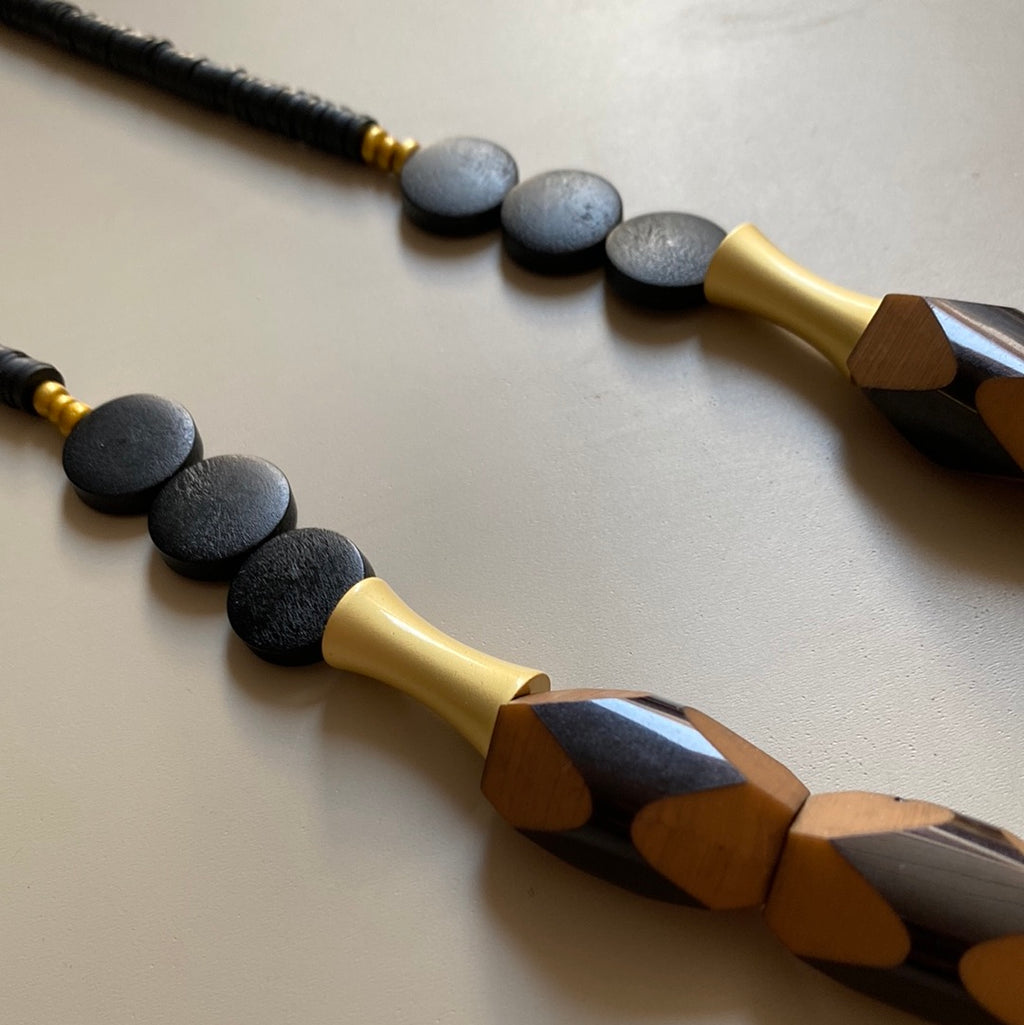 MRL02 - Adjustable cord necklace with Clay, acrylic, wood and gold plated detail
