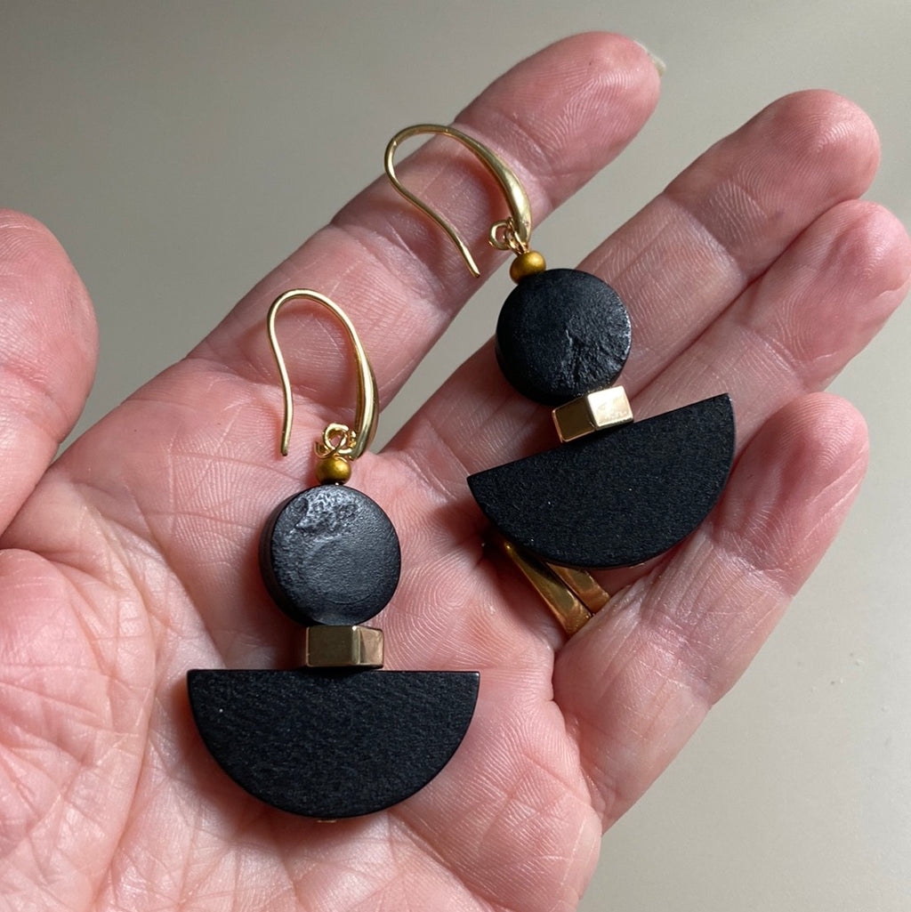 MRLE05 - Lightweight statement earrings, painted wood and gold plated hematite