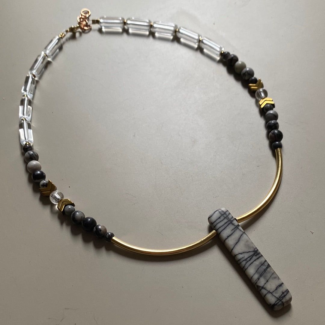 MRL07 - Glass, Gold plated Hematite and Natural Black Silk Stone.