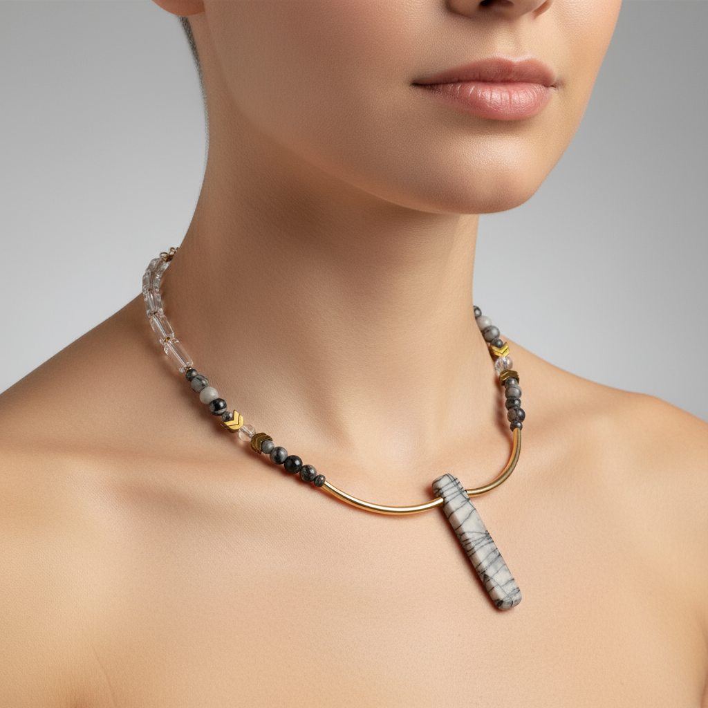 MRL07 - Glass, Gold plated Hematite and Natural Black Silk Stone.