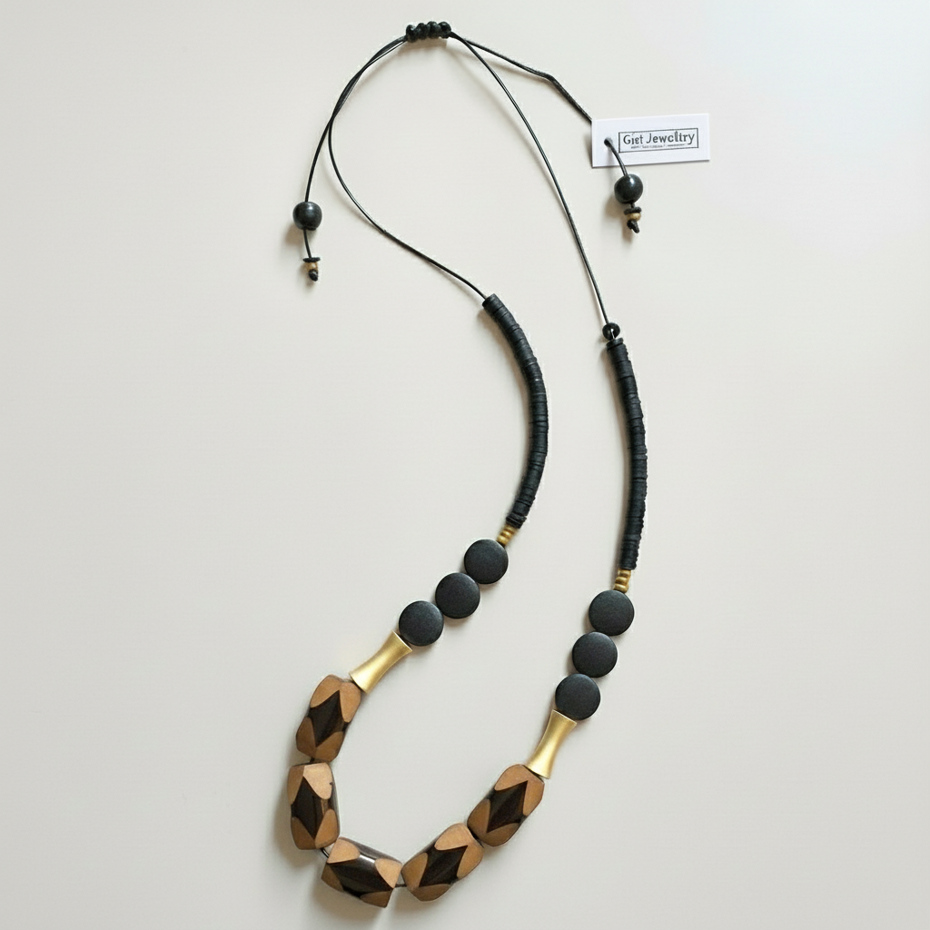 MRL02 - Adjustable cord necklace with Clay, acrylic, wood and gold plated detail