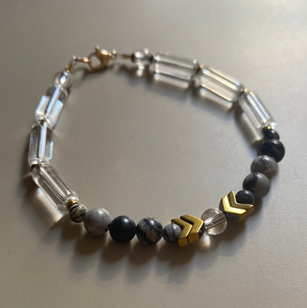 MRLB06 - Glass, Gold plated Hematite and Natural Black Silk Stone.