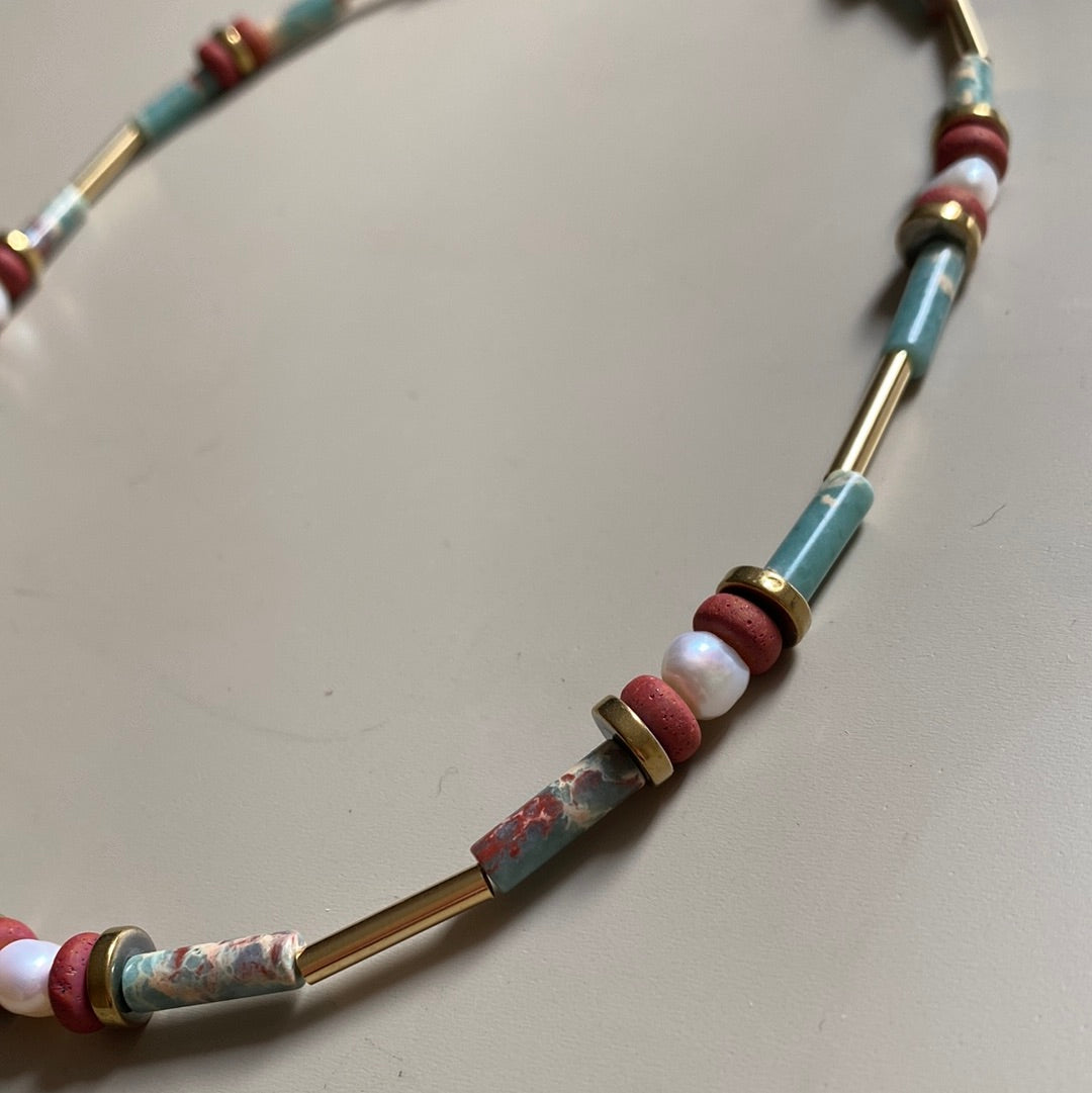 MRL08 - 18" , 24k Gold plated brass details, Synthetic Shoushan Stone, Fresh water Pearls, Clay and Gold Plated Hematite