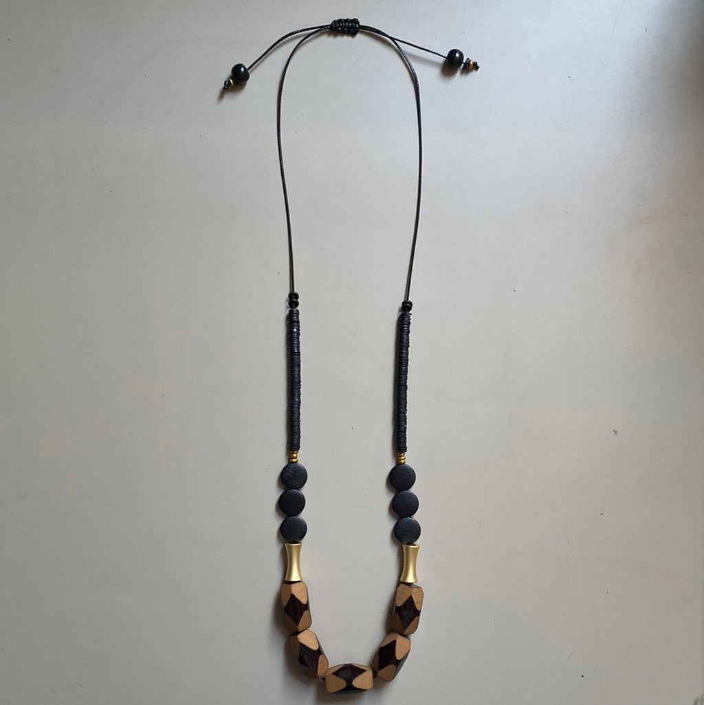 MRL02 - Adjustable cord necklace with Clay, acrylic, wood and gold plated detail