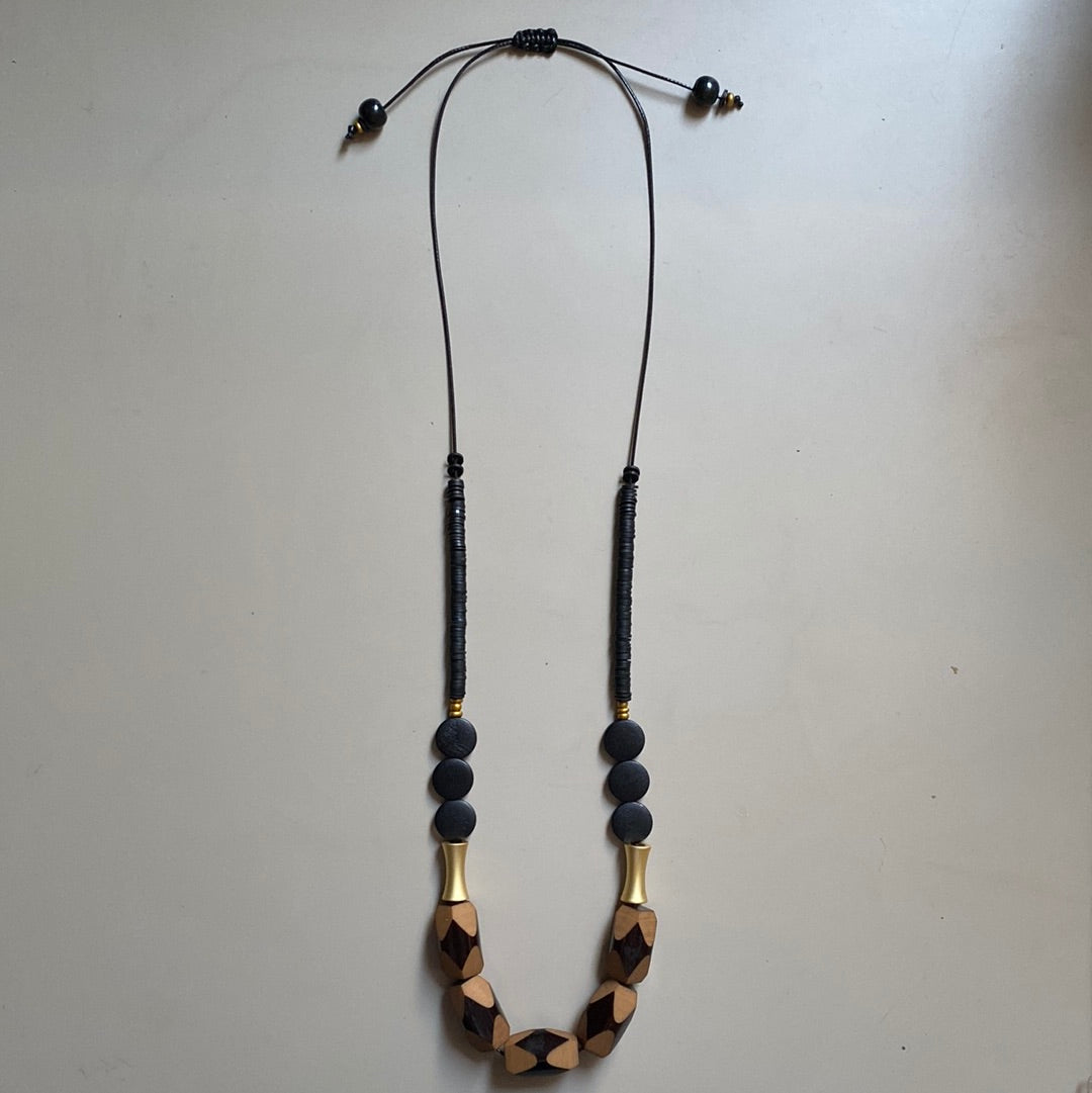 MRL02 - Adjustable cord necklace with Clay, acrylic, wood and gold plated detail
