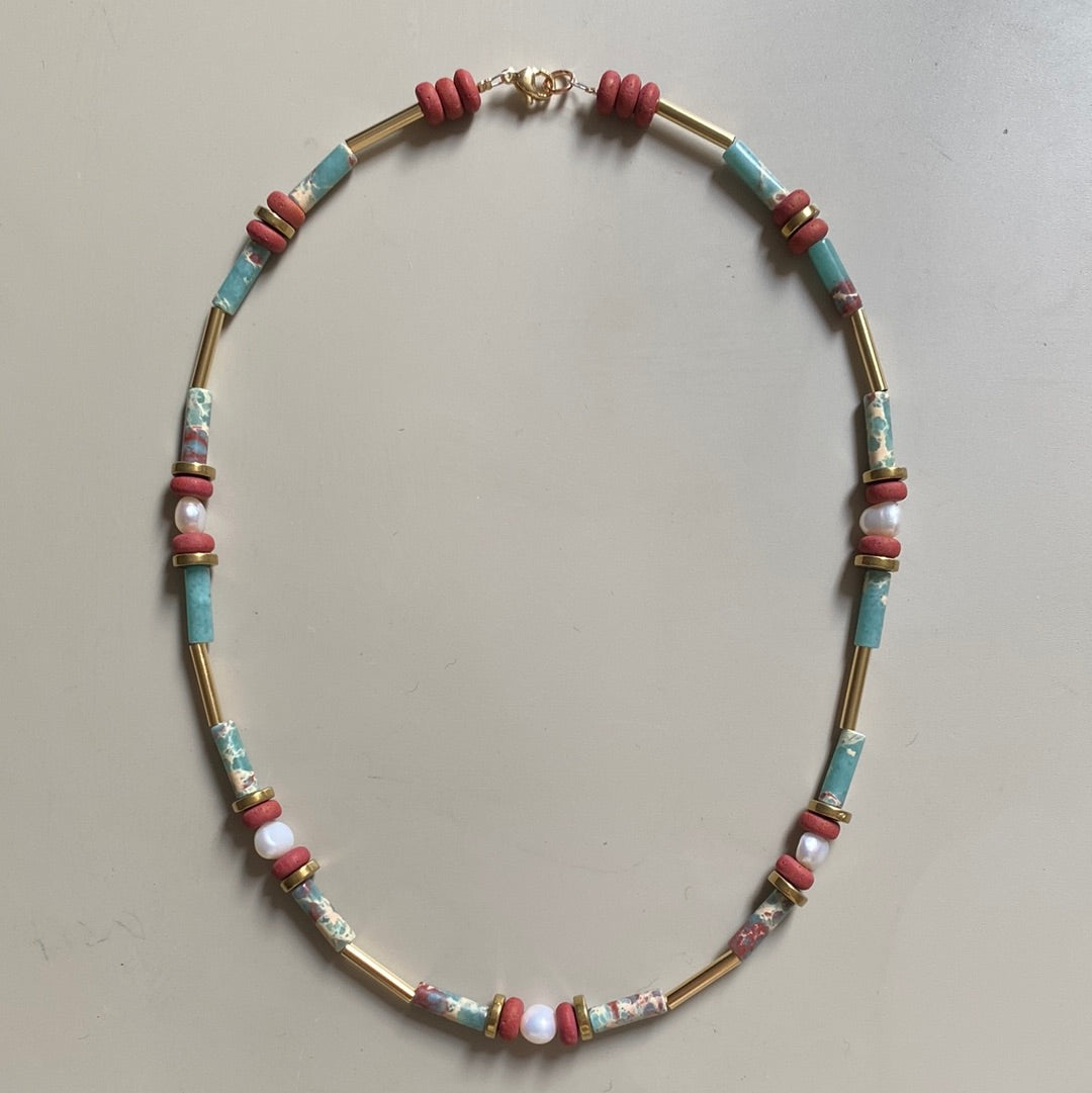 MRL08 - 18" , 24k Gold plated brass details, Synthetic Shoushan Stone, Fresh water Pearls, Clay and Gold Plated Hematite