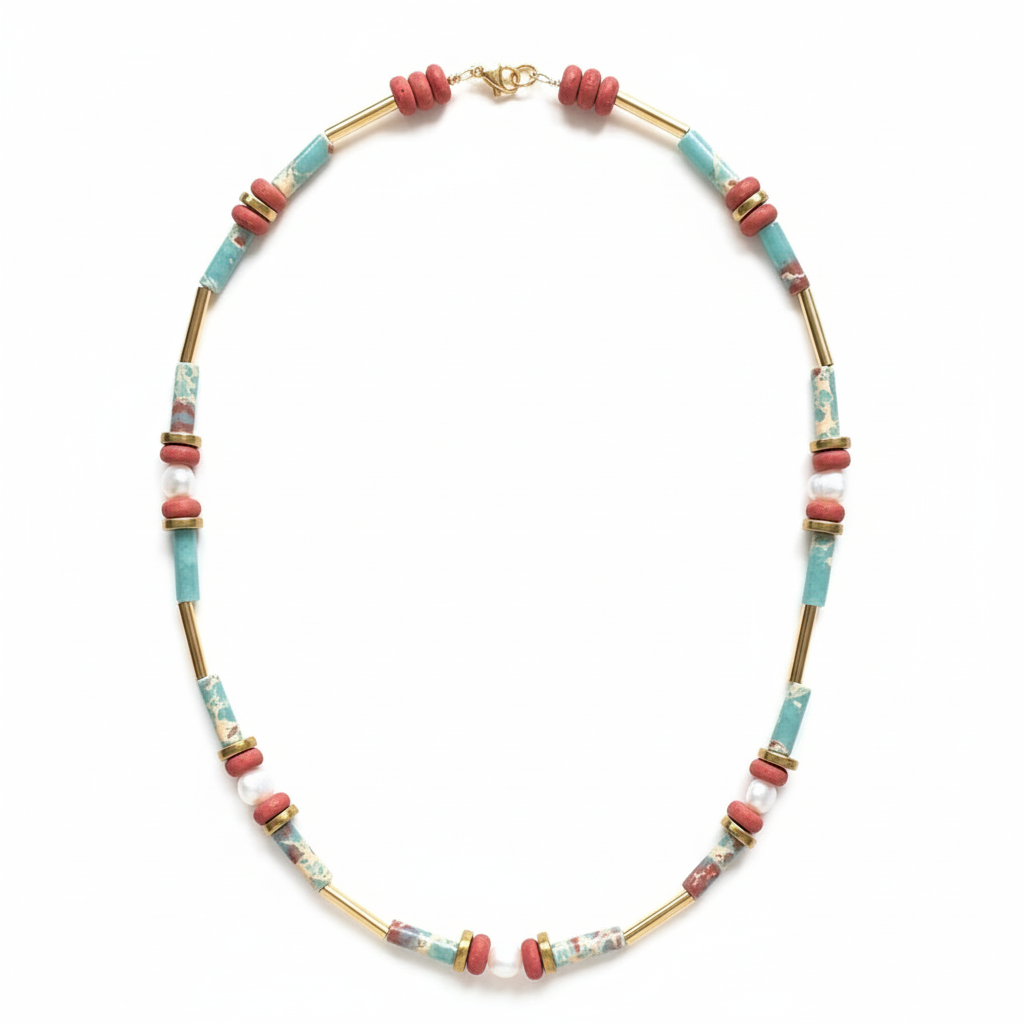 MRL08 - 18" , 24k Gold plated brass details, Synthetic Shoushan Stone, Fresh water Pearls, Clay and Gold Plated Hematite
