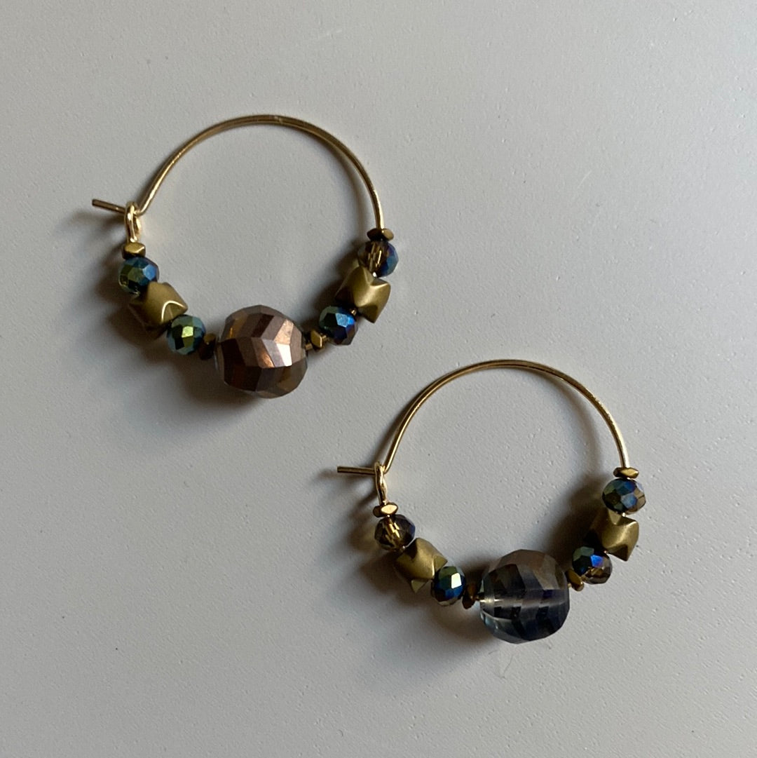 MRLE01 - electroplated glass, electroplated synthetic Hematite Hoops