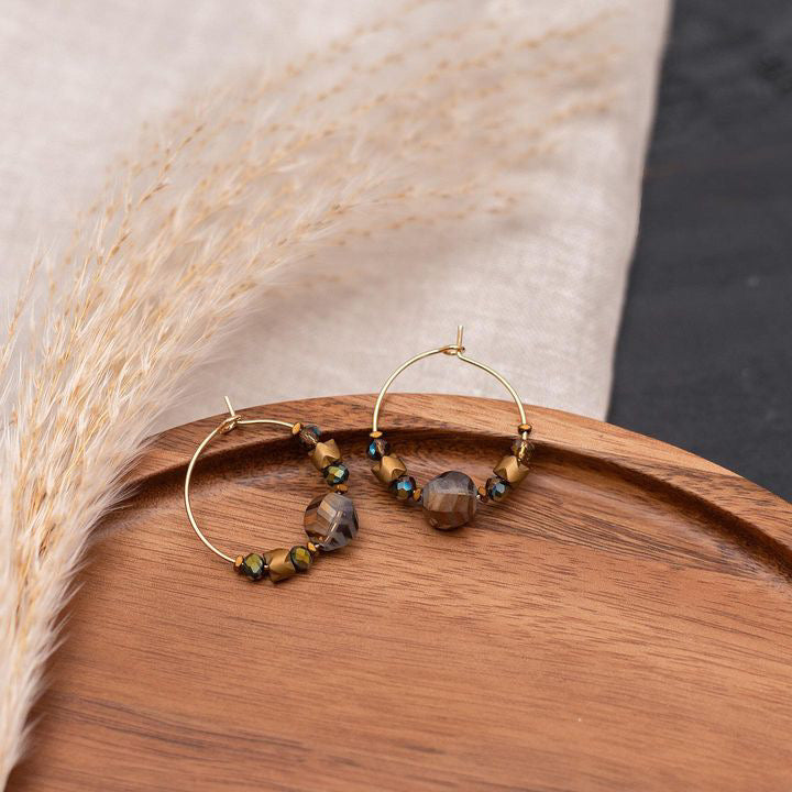 MRLE01 - electroplated glass, electroplated synthetic Hematite Hoops