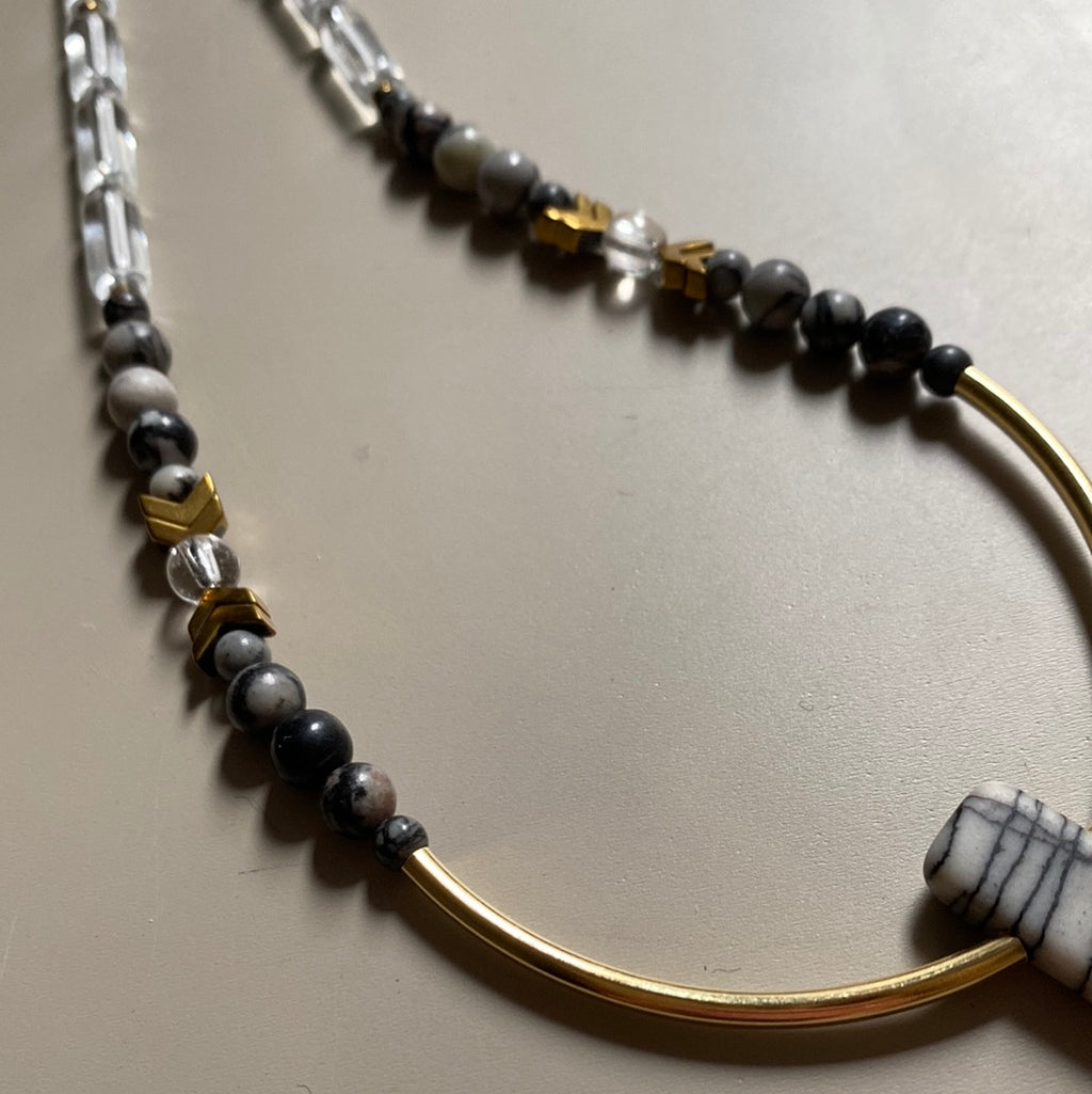 MRL07 - Glass, Gold plated Hematite and Natural Black Silk Stone.