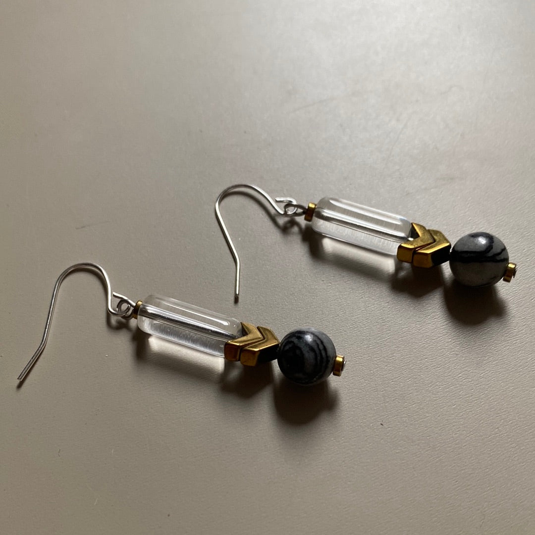 MRLE11 - Glass, Gold plated Hematite and Natural Black Silk Stone.