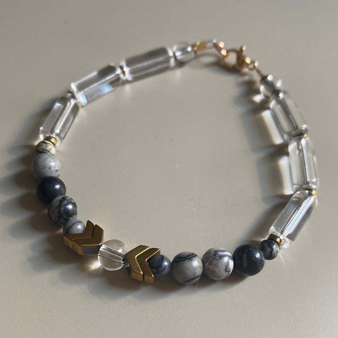 MRLB06 - Glass, Gold plated Hematite and Natural Black Silk Stone.