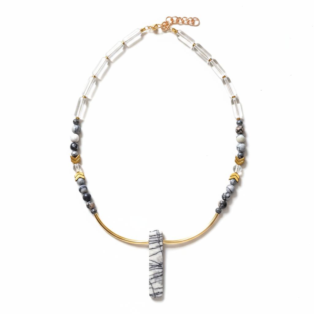 MRL07 - Glass, Gold plated Hematite and Natural Black Silk Stone.