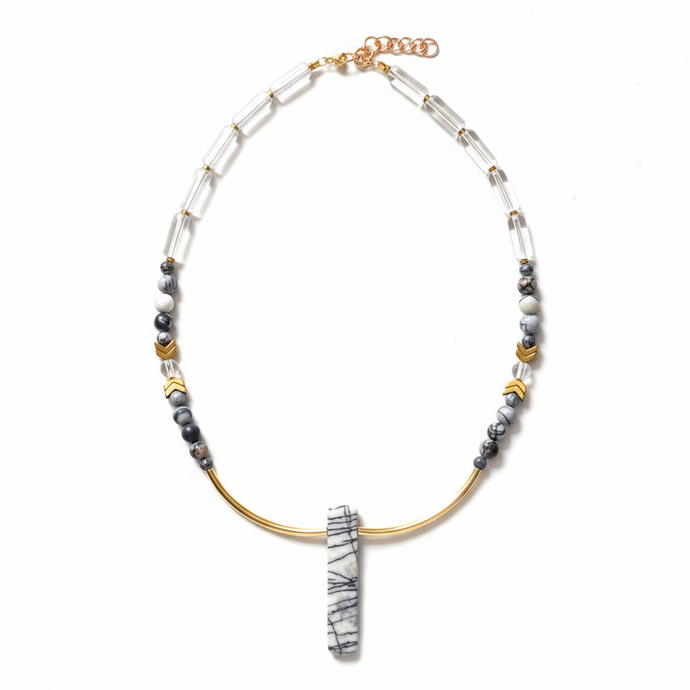 MRL07 - Glass, Gold plated Hematite and Natural Black Silk Stone.