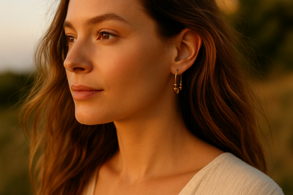 Lifestyle outdoor portrait with delicate hoops