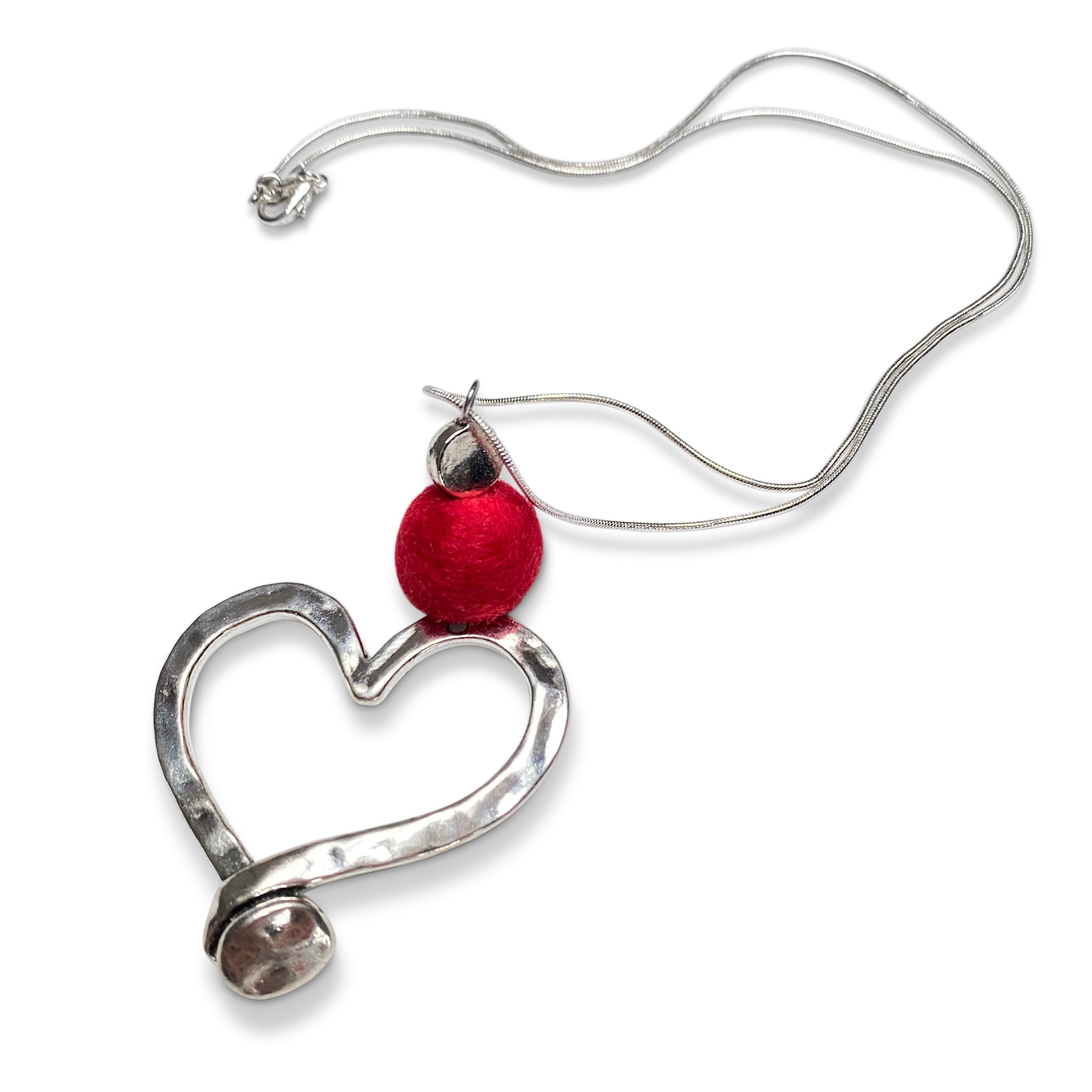 Studded Heart 22" Pendant with Felted bead in Red