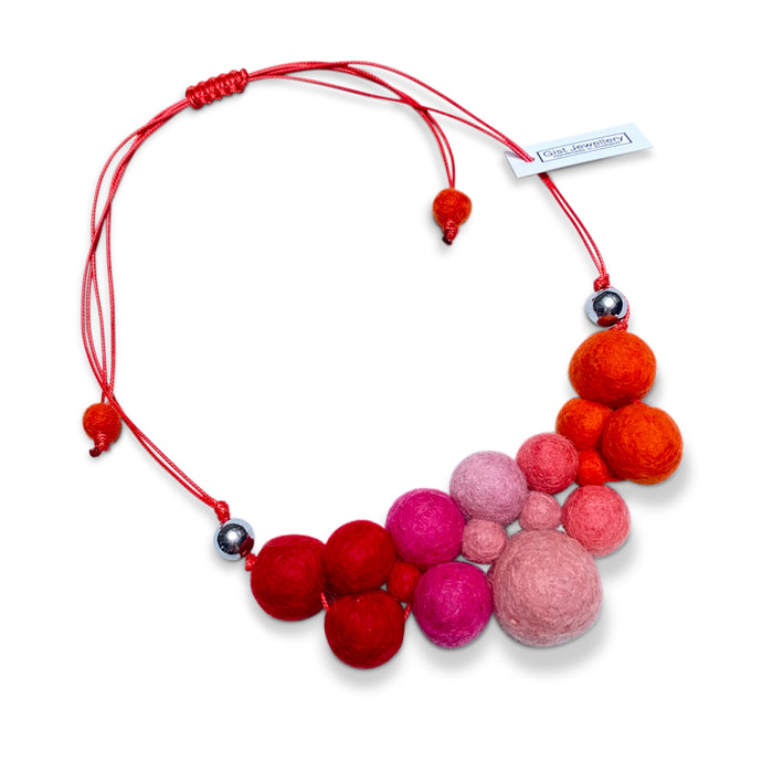 Felted wool adjustable Bib, necklace Red Pink Coral Orange