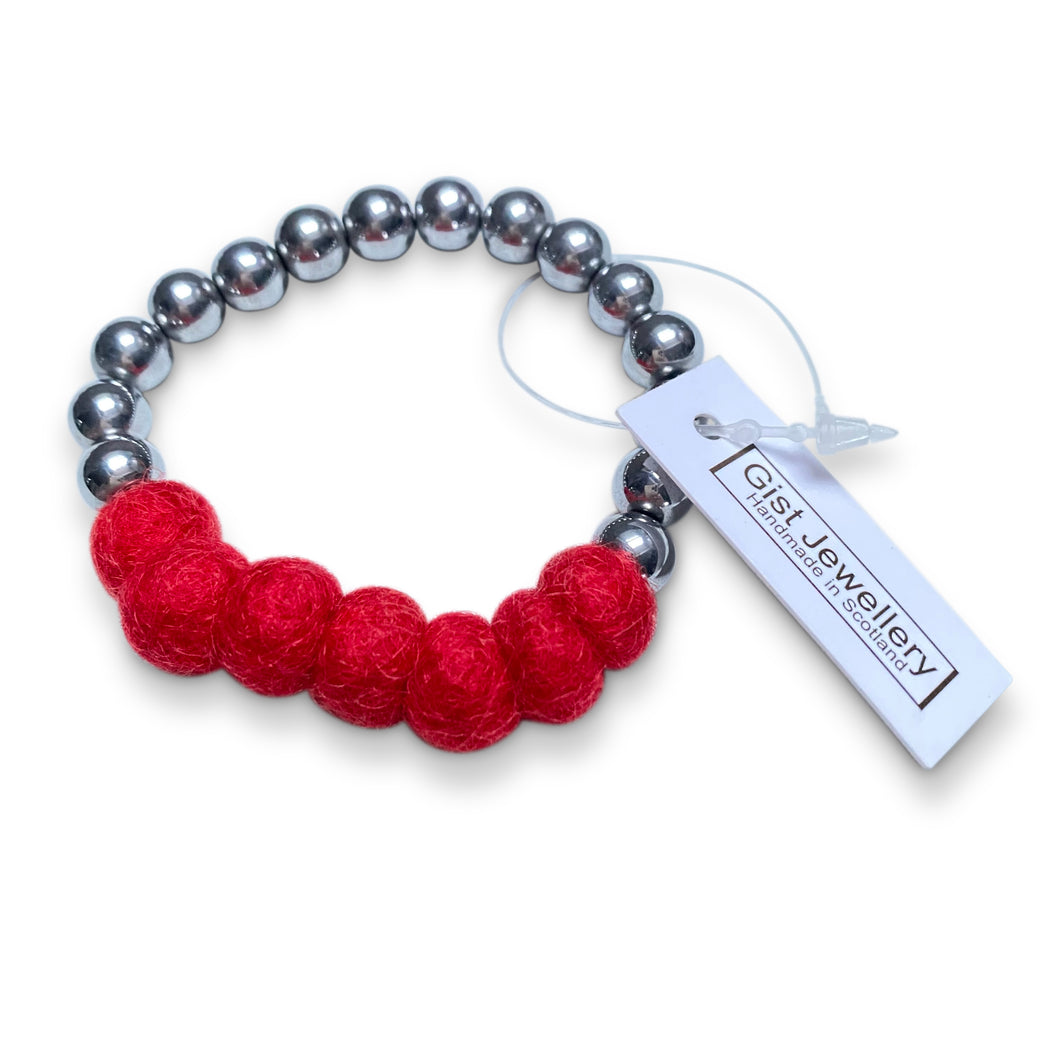 Hematite and Felted Wool Bracelet - red