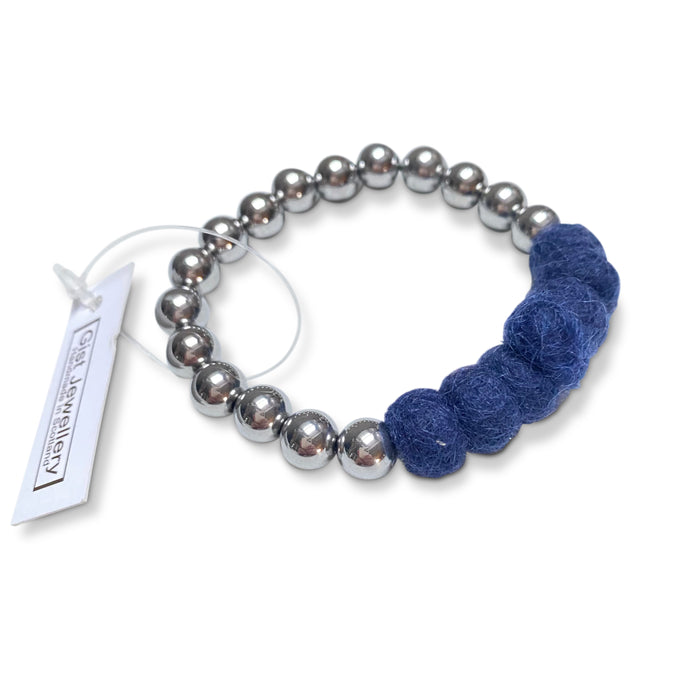 Hematite and Felted Wool Bracelet - Dark Blue
