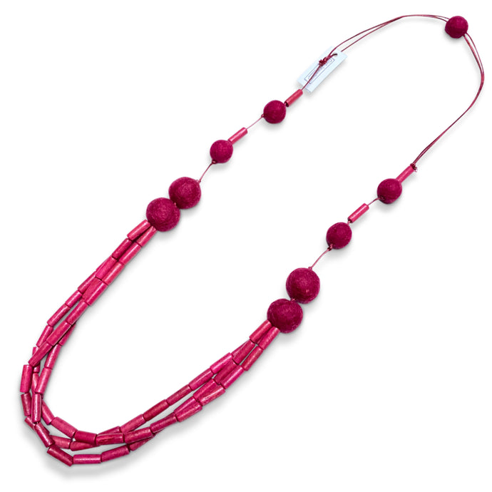 Adjustable Length Wood and wool long three strand necklace necklace Rosewood Red